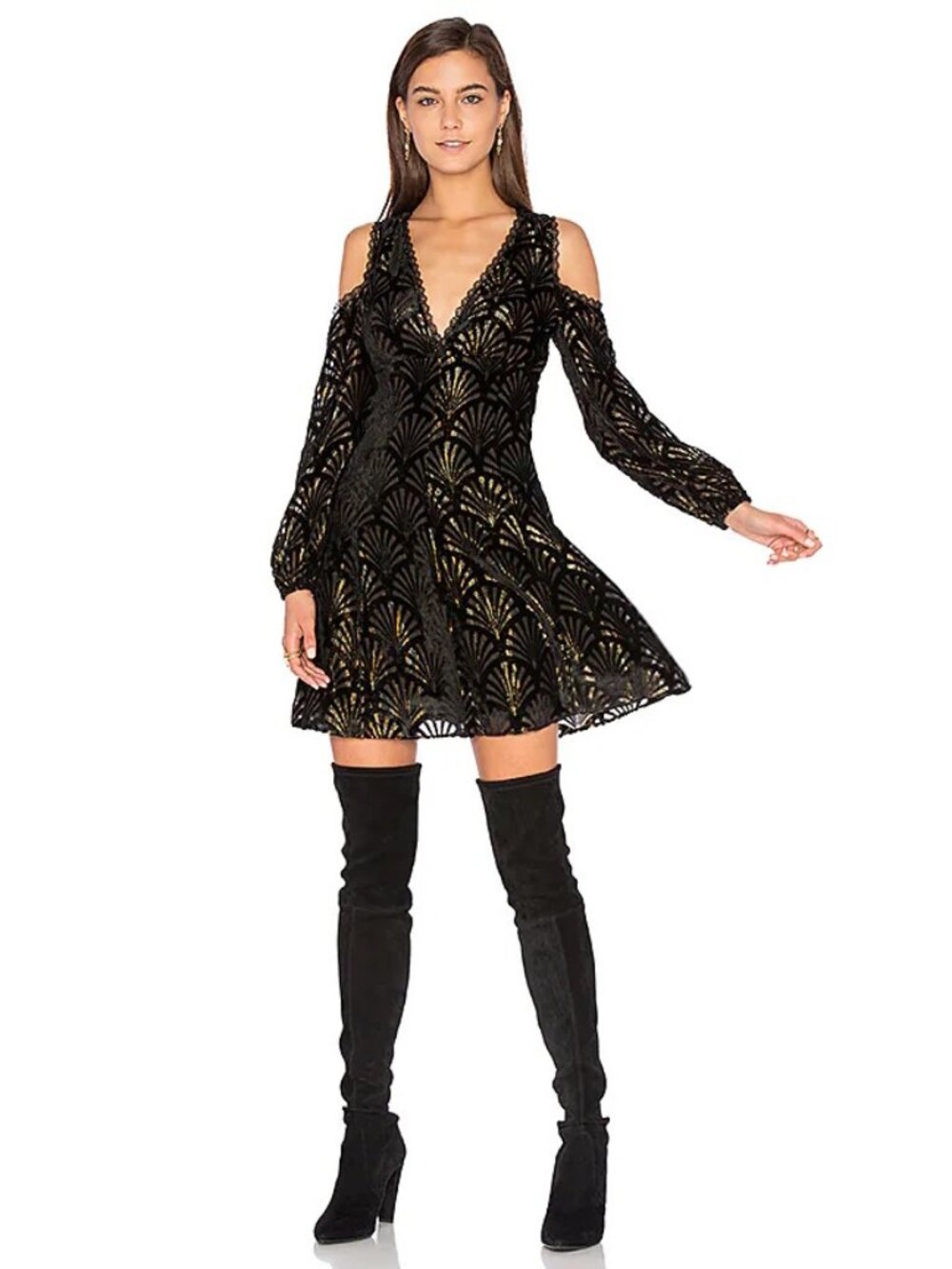 Alice + Olivia Arla Cold Shoulder Black Gold Burnout Velvet Mini Dress Sz 4